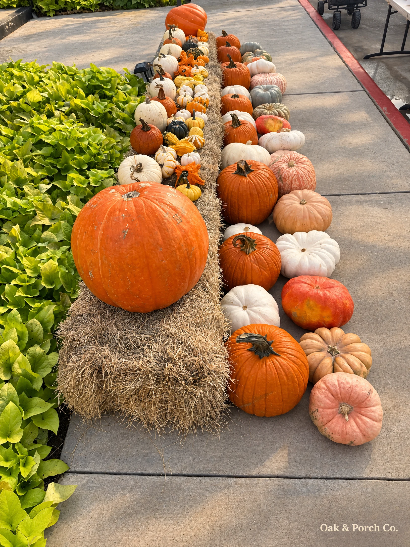 Oak & Porch Co. pumpkin cascade along a Hill Country walkway