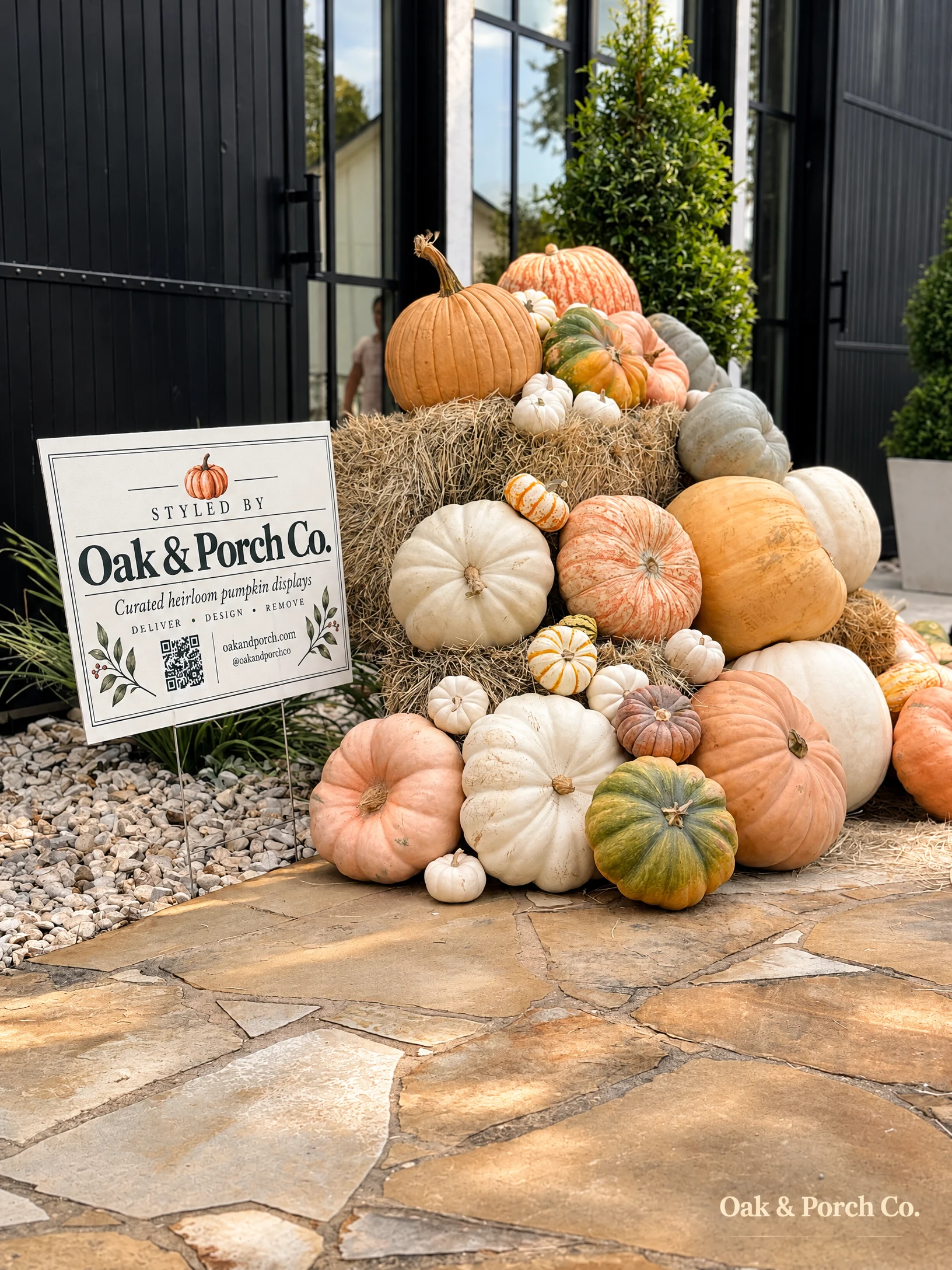Oak & Porch Co. layered heirloom pumpkin display at a Hill Country front entry