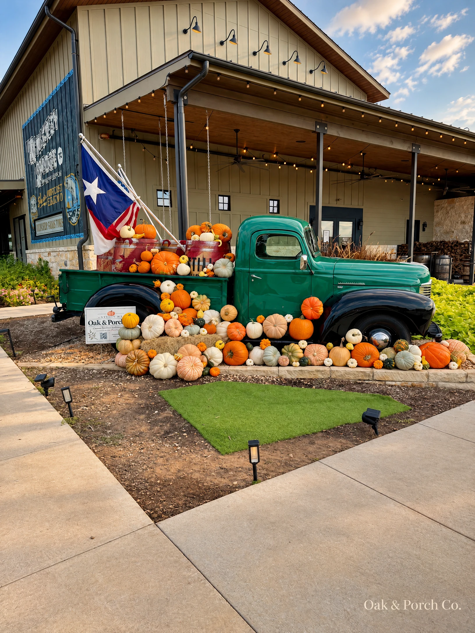 Oak & Porch Co. commercial pumpkin installation at Whiskey Ridge in Driftwood, Texas
